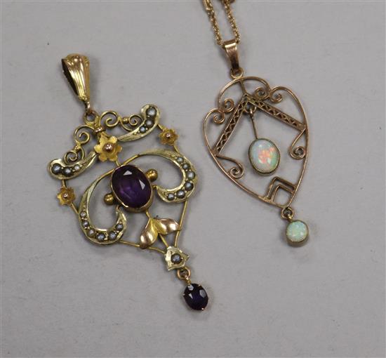 Two 9ct gold early 20th century gem set pendants including one on a yellow metal chain(a.f.).